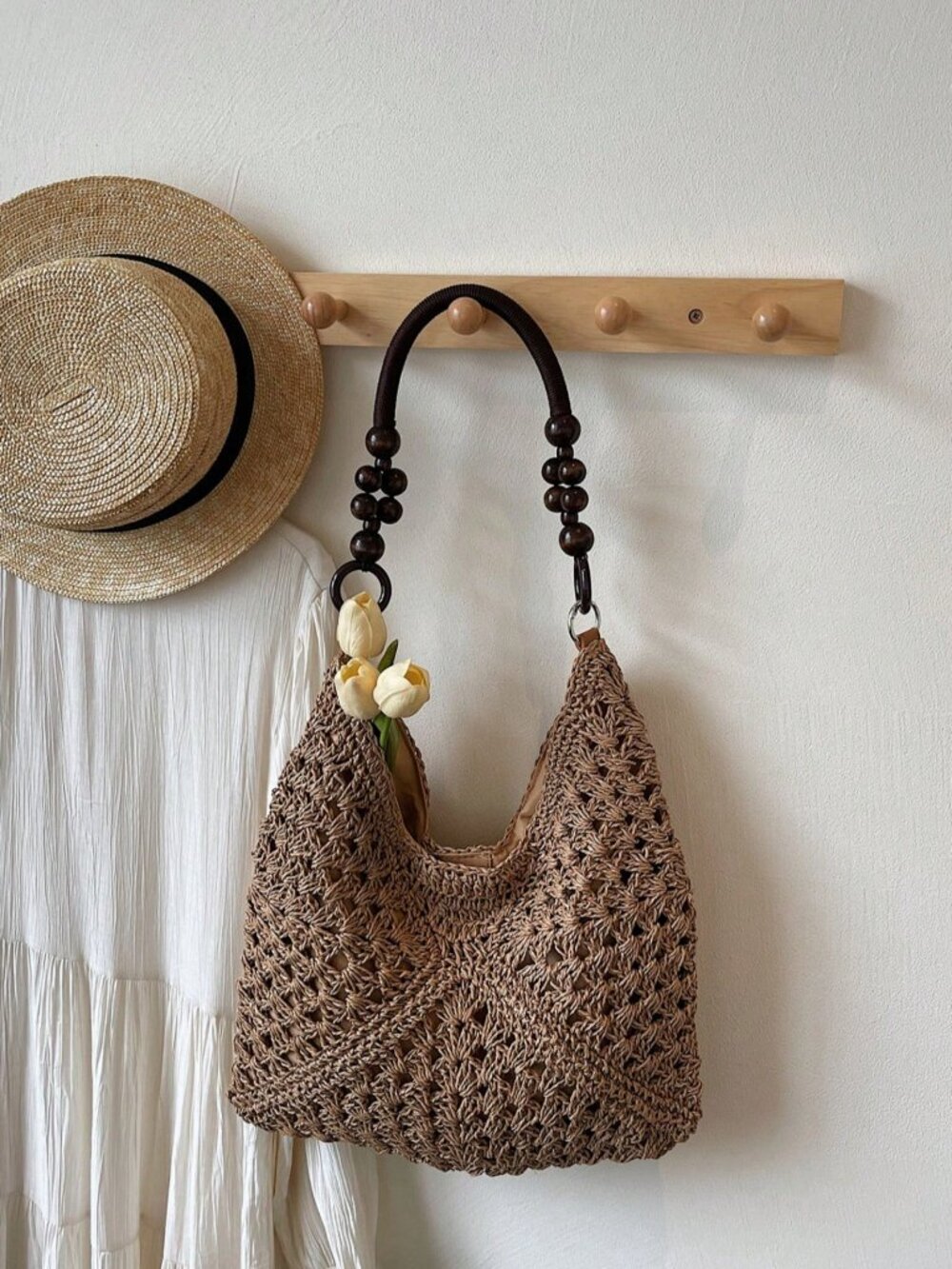 Khaki Casual Women's Crochet Hollow Patchwork Spacious Shoulder Bag - Picture 8 of 9